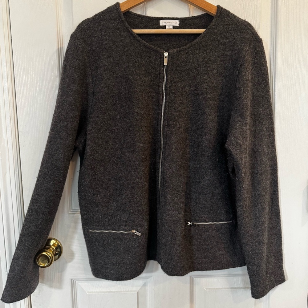 Charter Club 100% Boiled Wool Zip Front Jacket Gray XL Classic Capsule